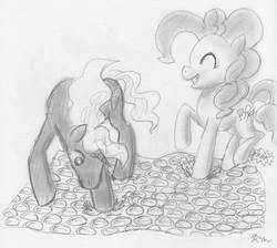 Size: 2346x2098 | Tagged: safe, artist:catscratchpaper, pinkie pie, pokey pierce, g4, bubble wrap, bubblewrap, female, male, monochrome, ship:pokeypie, straight, traditional art