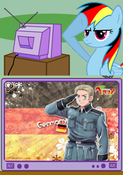 Size: 493x699 | Tagged: safe, rainbow dash, g4, exploitable meme, german dash, germany, hetalia, meme, patriotism, rainbow dash salutes, rainbow deutsch, salute, tv meme