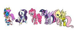 Size: 1024x440 | Tagged: safe, artist:omegaridersangou, bow tie (g1), fluttershy, pinkie pie, rarity, twilight sparkle, alicorn, pony, g1, g4, cure ace, cure diamond, cure heart, cure rosetta, cure sword, doki doki precure, g1 to g4, generation leap, precure, pretty cure, simple background, twilight sparkle (alicorn), white background