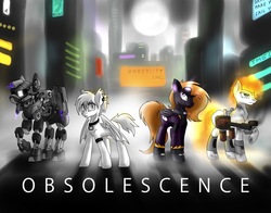 Size: 4200x3300 | Tagged: safe, artist:whitepone, oc, oc only, bat pony, pony, robot, fanfic:obsolescence, cyberpunk, fanfic art, science fiction, slit pupils