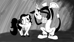 Size: 1024x585 | Tagged: safe, artist:lilminette, discord, fluttershy, draconequus, pegasus, pony, g4, betty boop, black and white, black and white cartoon, crossed hooves, grayscale, hilarious in hindsight, looking at each other, monochrome, old timey, oldschool cartoon, pac-man eyes, style emulation, turned head