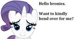 Size: 477x250 | Tagged: safe, rarity, g4, bedroom eyes, bend over, bronybait, female, solo, text