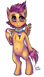 Size: 425x745 | Tagged: safe, artist:php154, scootaloo, anthro, g4, belly button, bipedal, collar, cutie mark collar, female, leash, solo