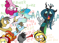 Size: 1500x1100 | Tagged: safe, artist:grilledcat, beauty brass, daring do, fluttershy, pinkie pie, princess celestia, queen chrysalis, oc, earth pony, pegasus, pony, unicorn, g4, background pony, female, in which pinkie pie forgets how to gravity, kazoo, male, mare, musical instrument, pinkie being pinkie, pinkie physics, stallion, vuvuzela