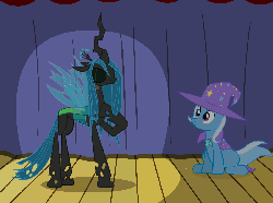 Size: 1300x972 | Tagged: safe, artist:evil-dec0y, discord, nightmare moon, prince blueblood, princess luna, queen chrysalis, trixie, oc, oc:fluffle puff, pony, unicorn, g4, adventure in the comments, animated, cape, character to character, clothes, female, female to male, hat, heart eyes, male, mare, pony to pony, rule 63, ship:bluetrix, stage, straight, transformation, transgender transformation, trixie's cape, trixie's hat, wingding eyes