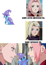 Size: 900x1258 | Tagged: safe, trixie, g4, exploitable meme, haruno sakura, japanese, latin american, looking at you, naruto, ryoka yuzuki, same voice actor, shrug, shrugpony, yamanaka ino