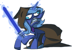 Size: 462x322 | Tagged: safe, artist:ghost, princess luna, alicorn, pony, g4, derp, energy weapon, female, glowing horn, hooves, horn, lightsaber, magic, mare, open mouth, s1 luna, simple background, solo, star wars, transparent background, weapon, wings