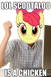 Size: 413x614 | Tagged: safe, apple bloom, pony head on human body, g4, caption, computer, exploitable meme, first day brony, image macro, laptop computer, looking at you, male, meme, raised fist, scootachicken, simple background, solo, text, white background