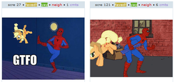 Size: 527x250 | Tagged: safe, applejack, g4, 60s spider-man, buck, exploitable meme, it works either way, juxtaposition, juxtaposition win, karma, male, meme, spider-man