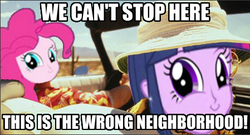 Size: 449x242 | Tagged: safe, pinkie pie, twilight sparkle, equestria girls, g4, caption, fear and loathing in las vegas, image macro, raoul duke, text, twiface, we can't stop here this is bat country, wrong neighborhood