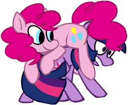 Size: 500x412 | Tagged: safe, artist:ghost, pinkie pie, twilight sparkle, earth pony, pony, unicorn, g4, duo, pinkie pie riding twilight, ponies riding ponies, riding, simple background, smiling, white background