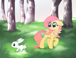 Size: 2000x1526 | Tagged: dead source, safe, artist:feyrah, angel bunny, fluttershy, pegasus, pony, rabbit, g4, floppy ears, folded wings, forest, kallisti, looking at something, neckband, raised hoof, turned head, whistle, wings