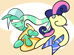 Size: 1846x1381 | Tagged: safe, artist:gsphere, bon bon, lyra heartstrings, sweetie drops, earth pony, pony, unicorn, g4, abstract, abstract art, abstract background, duo, lyre, not salmon, smiling, surreal, tongue out, wat, what has science done