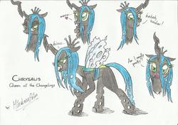 Size: 2481x1742 | Tagged: dead source, safe, artist:shirominakazu, queen chrysalis, changeling, changeling queen, g4, blushing, crown, cute, cutealis, expressions, female, jewelry, regalia, traditional art