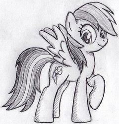 Size: 875x913 | Tagged: safe, artist:sasukex125, rainbow dash, g4, backwards cutie mark, female, looking at you, paper, raised hoof, solo, traditional art