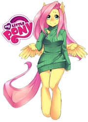 Size: 900x1253 | Tagged: safe, artist:matemi-i, gameloft, fluttershy, pegasus, anthro, g4, clothes, female, logo, solo, sweater dress, sweatershy