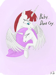 Size: 420x559 | Tagged: safe, artist:askherming, princess celestia, oc, oc:fausticorn, g4, crying, hug, lauren faust, pink-mane celestia, sad, winghug, younger