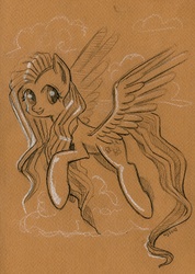 Size: 640x898 | Tagged: safe, artist:maytee, fluttershy, pegasus, pony, g4, aside glance, cloud, female, flying, looking at you, mare, monochrome, smiling, solo, spread wings, traditional art, wings