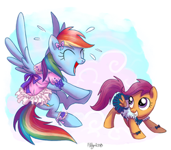 Size: 900x790 | Tagged: safe, artist:yulyeen, rainbow dash, scootaloo, pegasus, pony, g4, clothes, cute, cutealoo, dress, dressup, fancy, female, filly, flying, foal, girly, kallisti, laughing, looking at each other, looking at someone, mare, puffy sleeves, rainbow dash always dresses in style, scootaloo also dresses in style, scootalove, signature, skirt, skirtaloo, smiling, spread wings, tomboy taming, wings