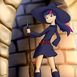 Size: 1024x1024 | Tagged: safe, artist:ai-battle-programer, twilight sparkle, human, g4, belt, boots, broom, clothes, crossover, cute, dress, female, hat, humanized, kallisti, little witch academia, rear view, shoes, solo, witch hat