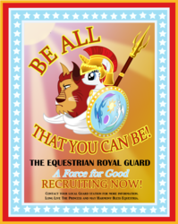 Size: 1204x1515 | Tagged: safe, artist:askbritanniamlp, manny roar, oc, oc:britannia, manticore, pony, unicorn, ask britannia, b.u.c.k., g4, buck, buck tumblr, horn, mascot, poster, royal guard, unicorn oc