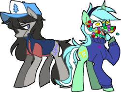 Size: 500x379 | Tagged: safe, artist:ghost, lyra heartstrings, octavia melody, earth pony, pony, unicorn, g4, braces, cap, clothes, crossover, dipper pines, duo, gem, gravity falls, hat, mabel pines, male, octavia is not amused, parody, shirt, silly, silly pony, simple background, smiling, sweater, t-shirt, transparent background, unamused