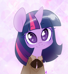 Size: 800x868 | Tagged: safe, artist:lolopan, twilight sparkle, pony, unicorn, g4, clothes, cute, female, heart, horn, looking at you, necktie, shirt, simple background, smiling, solo, sparkles, twiabetes