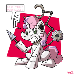 Size: 1000x1000 | Tagged: safe, artist:putuk, sweetie belle, pony, robot, unicorn, friendship is witchcraft, g4, abstract background, buzzsaw, circular saw, comic, female, filly, foal, hooves, horn, kallisti, saw, sitting, smiling, solo, sql, sweetie bot, teeth, unfortunate implications