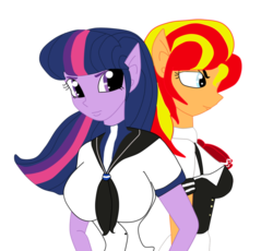 Size: 931x858 | Tagged: safe, artist:odiz, sunset shimmer, twilight sparkle, equestria girls, g4, bible black, breasts, busty twilight sparkle, female, kampfer, king of fighters, kof