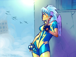 Size: 1023x766 | Tagged: safe, artist:schpog, cloudchaser, human, g4, bottle, clothes, exhausted, eyes closed, female, fingerless gloves, gloves, humanized, kallisti, solo, winged humanization, wings, wonderbolts uniform