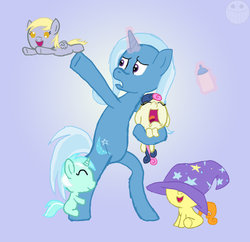 Size: 900x871 | Tagged: safe, artist:vondare, bon bon, carrot top, derpy hooves, golden harvest, lyra heartstrings, sweetie drops, trixie, earth pony, pegasus, pony, unicorn, g4, accessory theft, age regression, baby, baby bottle, baby pony, babysitting, bipedal, blank flank, bon bon is not amused, clothes, crying, female, filly, flying, foal, gradient background, hat, magic, smiling, telekinesis, trixie's hat, unamused