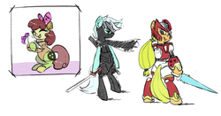 Size: 812x426 | Tagged: safe, artist:kevinsano, apple bloom, applejack, lyra heartstrings, earth pony, pony, g4, mega man (series), ninja gaiden, ryu hayabusa, zero