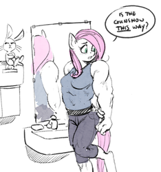 Size: 677x723 | Tagged: safe, artist:kevinsano, angel bunny, fluttershy, pegasus, rabbit, anthro, unguligrade anthro, g4, angel bunny is not amused, animal, belt, buff, clothed female, clothes, jeans, kallisti, mirror, muscles, muscleshy, pants, shirt, simple background, sink, white background