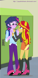 Size: 1000x2048 | Tagged: dead source, source needed, safe, artist:jaquelindreamz, sunset shimmer, twilight sparkle, equestria girls, g4, my little pony equestria girls, backpack, blushing, clothes, duo, dusk shine, equestria guys, female, foe yay, half r63 shipping, jacket, lockers, male, pants, prince dusk, rule 63, ship:duskshimmer, ship:sunsetsparkle, shipping, skirt, smiling, straight