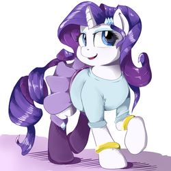 Size: 1280x1280 | Tagged: dead source, safe, artist:sirmasterdufel, rarity, pony, unicorn, g4, bracelet, chubby, clothes, equestria girls outfit, female, jewelry, open mouth, open smile, shirt, shoes, skirt, smiling, solo, walking