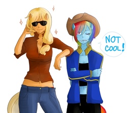 Size: 731x650 | Tagged: safe, artist:chika_rosio, applejack, rainbow dash, human, g4, accessory swap, eared humanization, hat, humanized, pixiv, pony coloring, sunglasses, tailed humanization