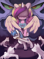 Size: 580x773 | Tagged: safe, artist:ende26, king sombra, princess cadance, shining armor, alicorn, pony, unicorn, g4, crystal heart, female, fight, male, mare, mouth hold, stallion, surreal, sword