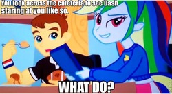 Size: 684x376 | Tagged: safe, screencap, rainbow dash, equestria girls, g4, my little pony equestria girls, background human, bronybait, dreamworks face, stare, what do