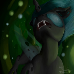 Size: 2000x2000 | Tagged: safe, artist:thelunarsea, oc, oc only, changeling, crying, glowing eyes, solo, wood