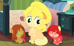 Size: 4000x2500 | Tagged: safe, artist:beavernator, apple bloom, applejack, babs seed, oc, oc:cream, oc:jam, oc:peaches, pony, g4, baby, baby pony, crossover, filly, foal, ponified, show accurate, younger