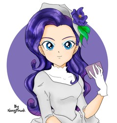 Size: 1800x1885 | Tagged: safe, artist:nancysauria, rarity, human, g4, clothes, dress, evening gloves, female, gloves, hat, humanized, looking at you, signature, smiling, solo