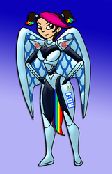 Size: 637x989 | Tagged: safe, artist:odiz, rainbow dash, g4, battle suit, breasts, female, miko nakadai, solo, transformers, transformers prime