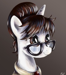 Size: 2739x3098 | Tagged: safe, artist:pponyoo, raven, pony, unicorn, g4, bust, female, glasses, hair bun, looking up, mare, portrait, smiling, solo