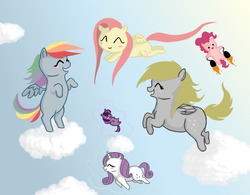 Size: 1024x800 | Tagged: safe, artist:osirisanimus, derpy hooves, fluttershy, pinkie pie, rainbow dash, rarity, twilight sparkle, pegasus, pony, g4, chubby, cloud, cloudy, female, flying, jetpack, magic, mare, sky