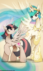 Size: 620x1009 | Tagged: safe, artist:foxinshadow, princess celestia, twilight sparkle, alicorn, pony, g4, female, mare, momlestia fuel, twilight sparkle (alicorn)