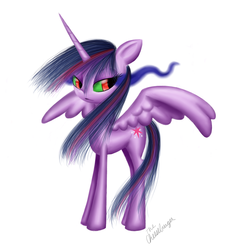 Size: 894x894 | Tagged: safe, artist:thecheeseburger, twilight sparkle, alicorn, pony, g4, dark magic, female, mare, solo, sombra eyes, spread wings, twilight sparkle (alicorn), wings