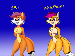 Size: 1024x768 | Tagged: safe, artist:odiz, scootaloo, anthro, g4, barbie doll anatomy, breasts, chest fluff, featureless breasts, female, furry, miles "tails" prower, ms paint, multiple tails, paint tool sai, sonic the hedgehog (series), tail, two tails