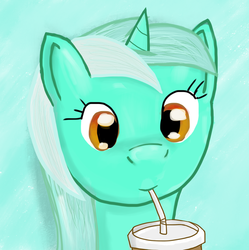 Size: 935x937 | Tagged: safe, artist:negasun, lyra heartstrings, pony, unicorn, g4, bust, cup, drink, drinking, female, portrait, shake, smiling, solo