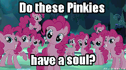 Size: 500x281 | Tagged: safe, edit, edited screencap, screencap, pinkie pie, earth pony, pony, g4, too many pinkie pies, :t, adventure in the comments, animated, blinking, c:, caption, clone, cute, faic, female, geth, grin, head tilt, image macro, jumping, legion, looking at you, mare, mass effect, meme, meta, open mouth, pinkie clone, pinkie clone debate, pronking, raised hoof, smiling, squee, text