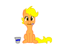 Size: 722x529 | Tagged: safe, artist:facelessjr, applejack, oc, g4, mouth hold, paint, simple background, sitting, solo